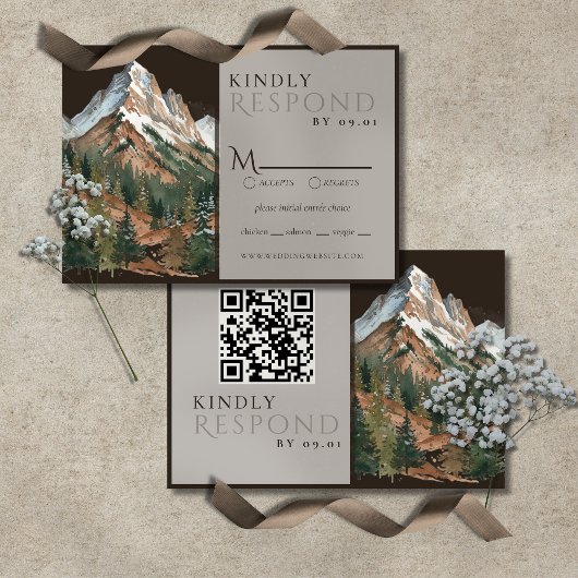 Rustic Mountain Landscape Watercolor Wedding QR RSVP Karte