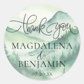 Rustic Mountain Pine Trees Calligraphy Vielen Dank Runder Aufkleber (Vorderseite)