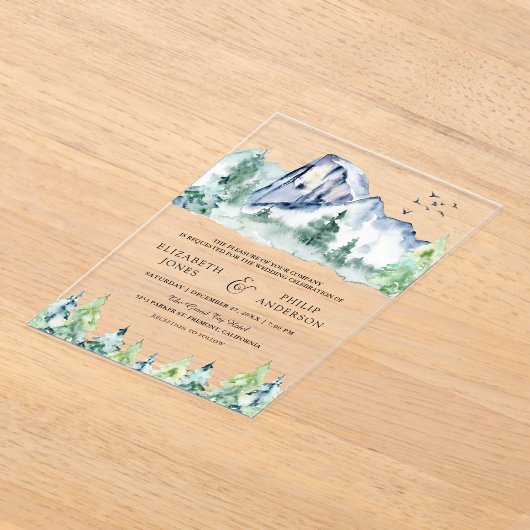 Rustic Mountain Pine Trees Forest Wedding Acryleinladungen (Ablage )