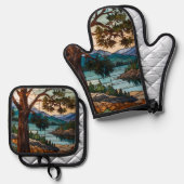 Rustic mountain range landscape stain glass  ofenhandschuh & Topflappen-Set (Vorderseite/Rückseite)