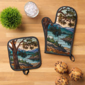 Rustic mountain range landscape stain glass  ofenhandschuh & Topflappen-Set (Oben Unten)