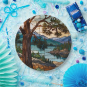 Rustic mountain range landscape stain glass  pappteller (Party)