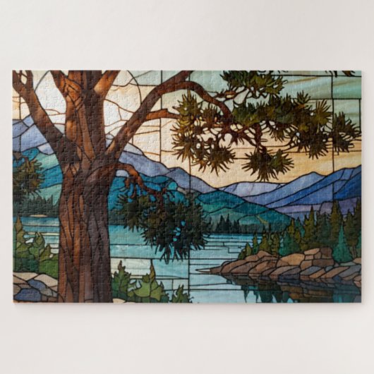 Rustic mountain range landscape stain glass puzzle (Horizontal)