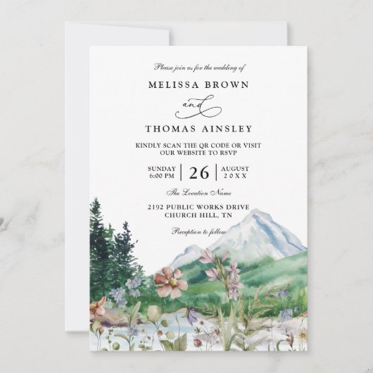 Rustic Mountain Wildflower Boho QR code Wedding Einladung (Vorderseite)
