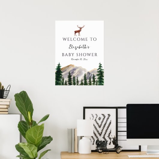 Rustic Mountains Deer Baby Shower Welcomer Sign Poster (Heimbüro)