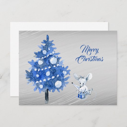 Rustic Mouse Package Blue Tree Weihnachten Postkarte (Vorne/Hinten)