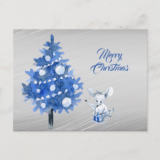 Rustic Mouse Package Blue Tree Weihnachten Postkarte (Vorderseite)