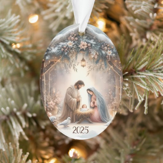 Rustic Nativity Scene with Winter Florals Card Ornament (Baum)