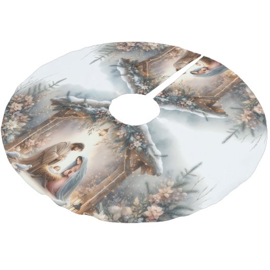 Rustic Nativity Scene with Winter Florals Polyester Weihnachtsbaumdecke (Schrägansicht)