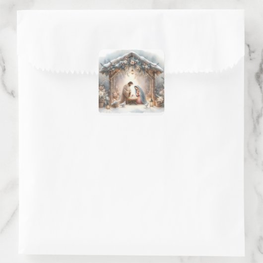 Rustic Nativity Scene with Winter Florals Quadratischer Aufkleber (Tasche)