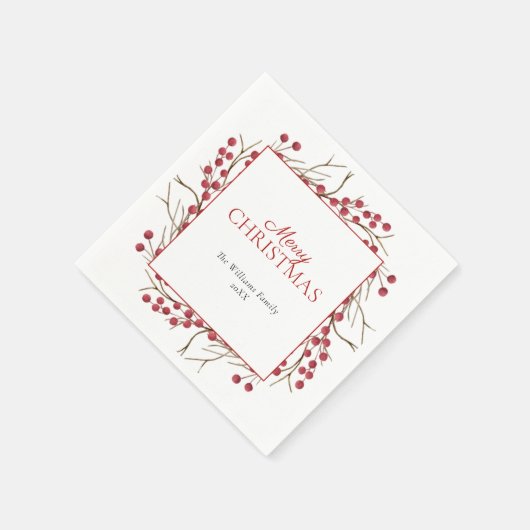 Rustic Natural Red Berry Frohe Weihnachten Serviette (Ecke)