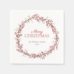 Rustic Natural Red Berry Wreath Frohe Weihnachten Serviette