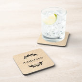 Rustic Natural Wood Laurel Nachname Monogram Getränkeuntersetzer (Rechte Seite)