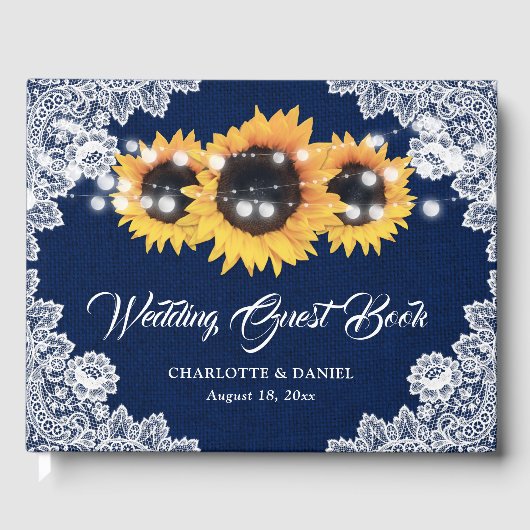 Rustic Navy Blue Burlap and Lace Sunflower Wedding Gästebuch (Vorderseite)