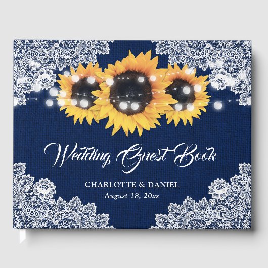 Rustic Navy Blue Burlap Lace Sunflower Wedding Gästebuch (Vorderseite)
