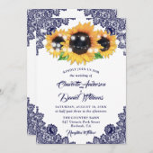 Rustic Navy Blue Floral Lace Sunflower Wedding Einladung (Vorne/Hinten)
