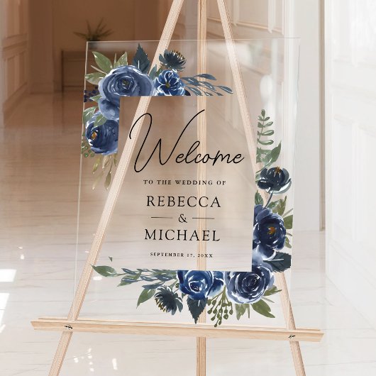 Rustic Navy Blue Floral Wedding Welcome Acrylschild