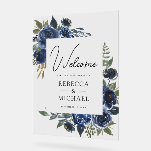 Rustic Navy Blue Floral Wedding Welcome Acrylschild (Winkel)