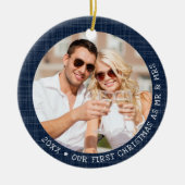 Rustic Navy Blue Frame Foto Mr. und Mrs. Christmas Keramik Ornament (Vorne)