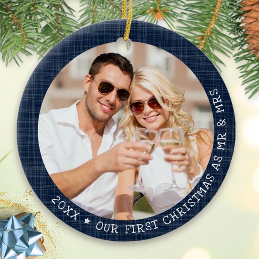 Rustic Navy Blue Frame Foto Mr. und Mrs. Christmas Keramik Ornament