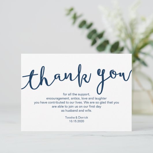 Rustic Navy Blue Script, Wedding Danke Begleitkarte (Stehend Vorderseite)