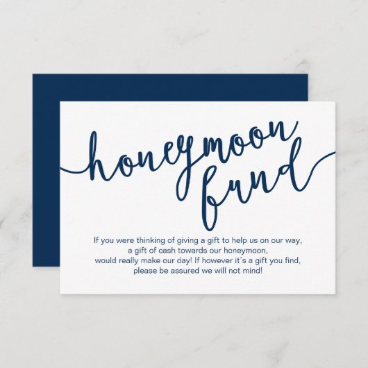 Rustic Navy Blue Script, Wedeymoon Fund Begleitkarte (Vorne/Hinten)