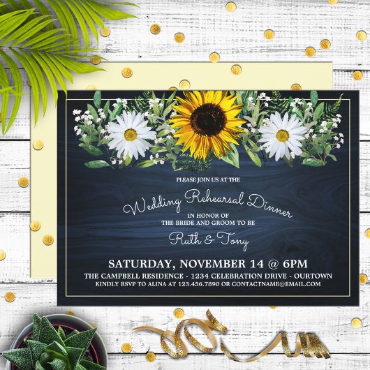 Rustic Navy Blue Sunflower] Daisy Rehearsal Dinner Einladung