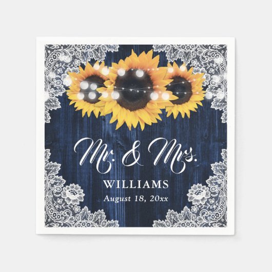 Rustic Navy Blue Sunflower Lace Mr and Mrs Wedding Serviette (Vorderseite)