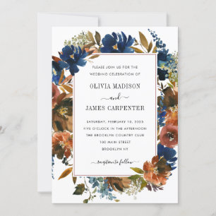 Rustic Navy Blue Terracotta Floral Fall Wedding Einladung