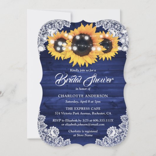Rustic Navy Blue Wood Lace Sunflower Bridal Shower Einladung (Vorderseite)