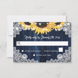 Rustic Navy Blue Wood Lace Sunflower Wedding RSVP Karte