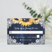 Rustic Navy Blue Wood Lace Sunflower Wedding RSVP Karte (Stehend Vorderseite)