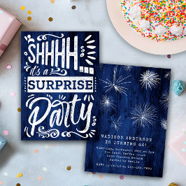 Rustic Navy Blue Wood Shh Surprise Birthday Party Einladung