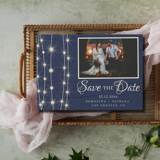 Rustic Navy String Lights Save the Date