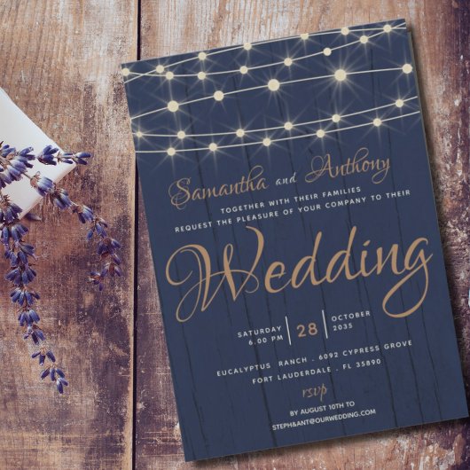 Rustic Navy String Lights Wedding Invitation Einladung