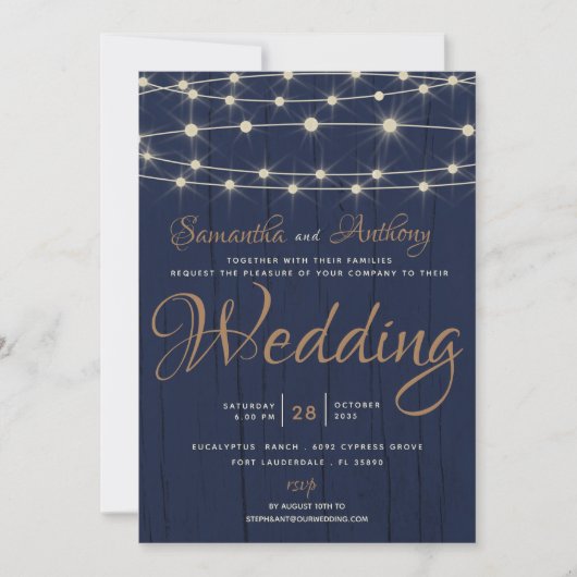 Rustic Navy String Lights Wedding Invitation Einladung (Vorderseite)