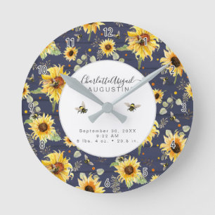 Rustic Navy Sunflower Bee Yellow Birth Stats Baby Runde Wanduhr