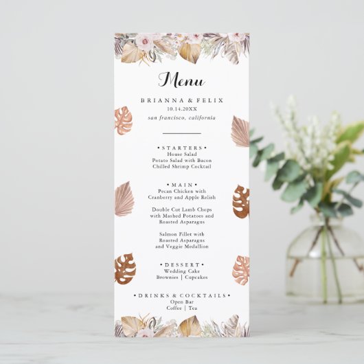 Rustic Neutral Boho Wedding Menükarte (Stehend Vorderseite)