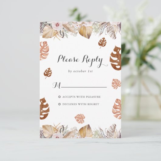 Rustic Neutral Boho Wedding RSVP Karte (Stehend Vorderseite)