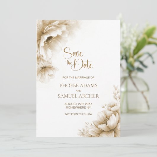 Rustic Neutral Floral Wedding Save the Date (Stehend Vorderseite)