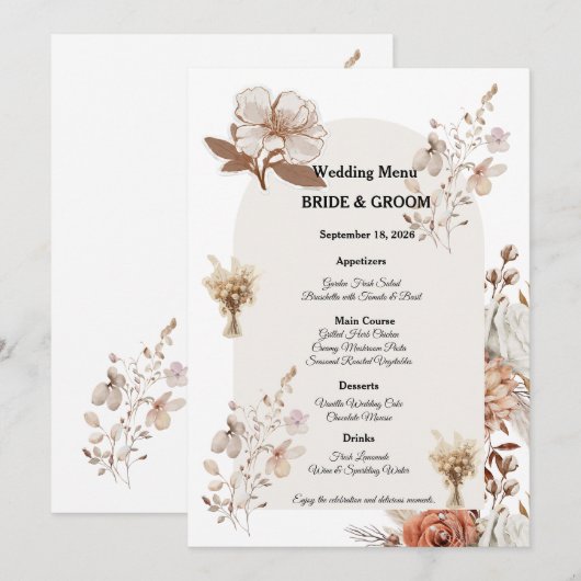Rustic Neutral Wedding Menu Design Menükarte (Vorne/Hinten)