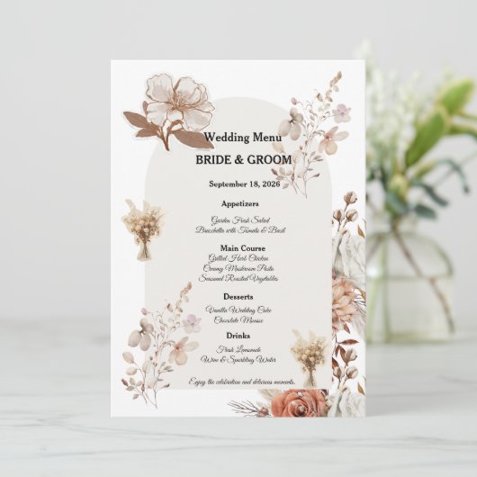 Rustic Neutral Wedding Menu Design Menükarte (Stehend Vorderseite)