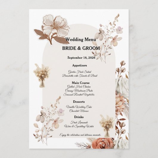 Rustic Neutral Wedding Menu Design Menükarte (Vorderseite)