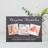 Rustic New Baby Chalkboard 3 Foto Birth Ankündigung (Stehend Vorderseite)