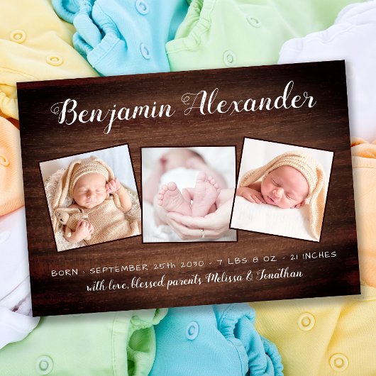 Rustic New Baby Country Wood 3 Foto Birth Ankündigung