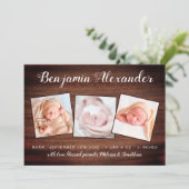 Rustic New Baby Country Wood 3 Foto Birth Ankündigung (Stehend Vorderseite)