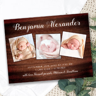 Rustic New Baby Country Wood 3 Foto Birth Ankündigungspostkarte