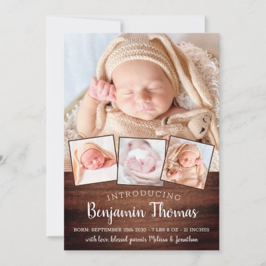 Rustic New Baby Personalisiert 4 Foto Collage Birt Ankündigung (Vorderseite)