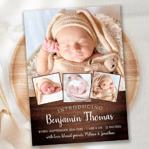 Rustic New Baby Personalisiert 4 Foto Collage Birt Ankündigung