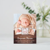 Rustic New Baby Personalisiert 4 Foto Collage Birt Ankündigungspostkarte (Stehend Vorderseite)